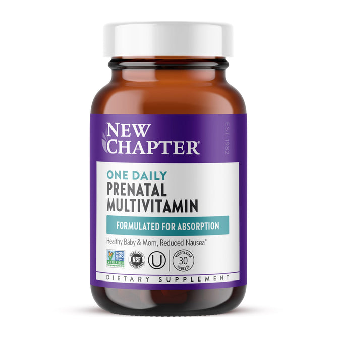 A brown bottle of New Chapters One Daily Prenatal Multivitamin with a white cap highlights absorption benefits for mom and baby, featuring Methylfolate and Iron. Certified for quality, it offers 30 tablets to support your pregnancy journey.