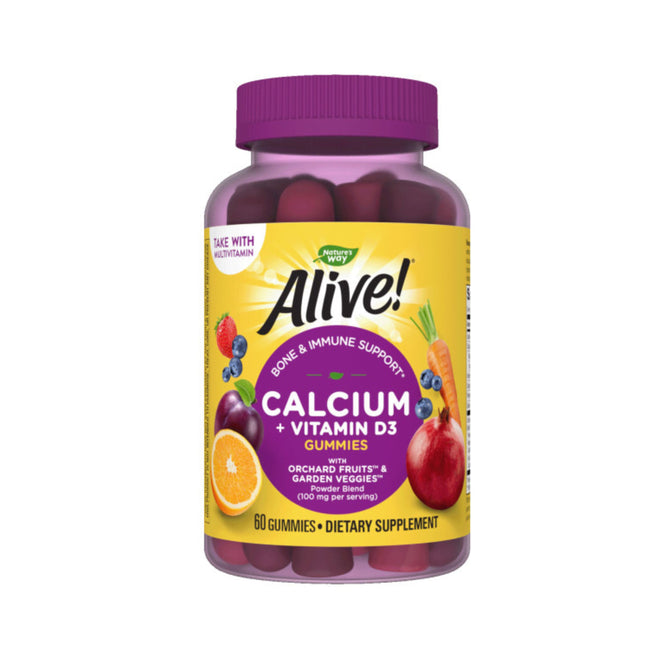 Natures Way Alive!® Calcium + D3 Gummy, featuring images of an orange slice, cherries, grapes, and beetroot, provides bone and immune support with 60 gummies per bottle.