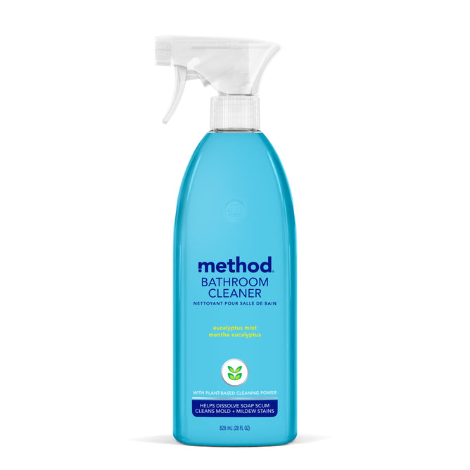 Methods Bathroom Cleaner, a 28 fl oz blue spray bottle with a white nozzle, boasts a eucalyptus scent and plant-based formula. Its perfect for removing soap scum and mildew from tubs and tiles.