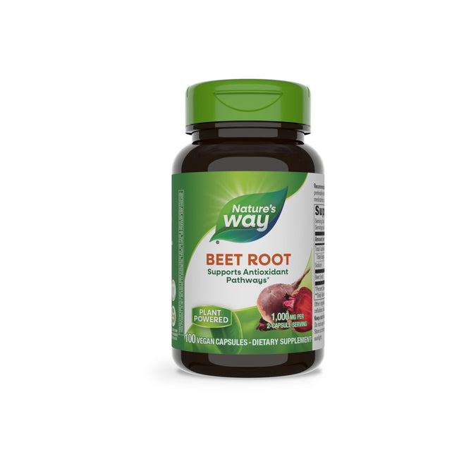 A bottle of Natures Way Beet Root supplement features a green cap, touts plant-powered benefits and antioxidant support with 1,000mg per serving from 2 capsules. It contains 100 vegan capsules.