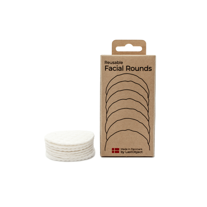 A set of eco-friendly cotton rounds sits beside a brown box with Reusable Facial Rounds text and illustration. A small red and white flag shows its made in Denmark by LastObject, highlighting sustainable beauty packaging for their LastRound Refill product.