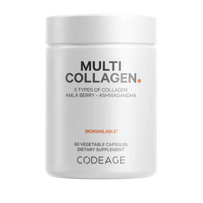 White bottle labeled Codeage Multi Collagen with 5 collagen types, Amla Berry, and Ashwagandha for antioxidants. Contains 90 veggie capsules and is bioavailable.