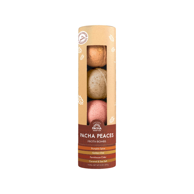 Experience Bath Season with the Pacha Peaces - Fall Froth Bomb Pack by Pacha Soap Co., featuring four limited-edition froth bombs in vibrant orange, brown, and cream, with delightful Pumpkin Spice and Garden Gate scents.