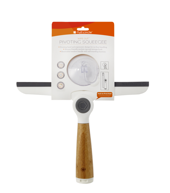 The Full Circle Wipe Out Pivoting Squeegee has a bamboo handle and black rubber blade for eco-friendly cleaning. Its packaging showcases the pivot head and convenient storage, making it ideal for efficient tidying.