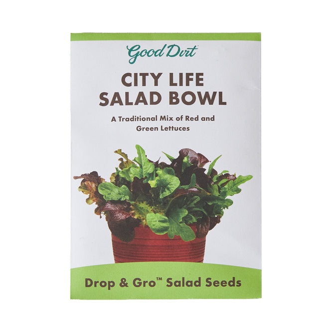 The Seed Pack Mix - Red & Green Lettuces by Good Dirt displays a pot full of various red and green lettuce seeds. Text highlights A Traditional Mix of Red and Green Lettuces and Drop & Gro™ Salad Seeds.