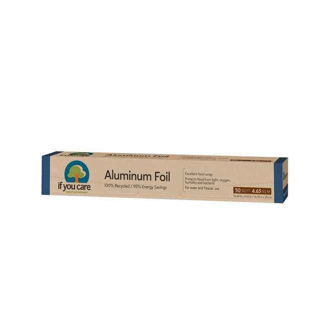 If You Care Recycled Aluminum Foil is made from 100% recycled materials. Its beige packaging with blue accents and a green leaf logo highlights it as an eco-friendly option for oven and freezer use.