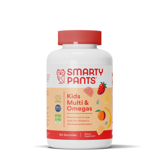 A 120-gummy bottle of SmartyPants Kids Multi & Omegas, a non-GMO multivitamin, sports a white design with a red lid and label, featuring fruit illustrations and details on its omega-3 benefits.