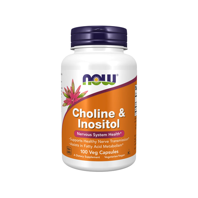 A bottle of NOW Foods Choline & Inositol - For Nervous System Health, featuring a white and orange label, contains 100 vegetarian capsules that support brain health by aiding nerve transmission and fatty acid metabolism.