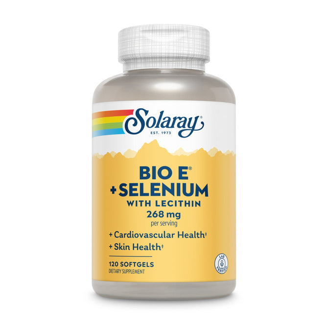 A bottle of Solarays Bio E® + Selenium w Lecithin, 268 mg features softgels enhancing cardiovascular and skin health, with each of the 120 servings providing essential Vitamin E.