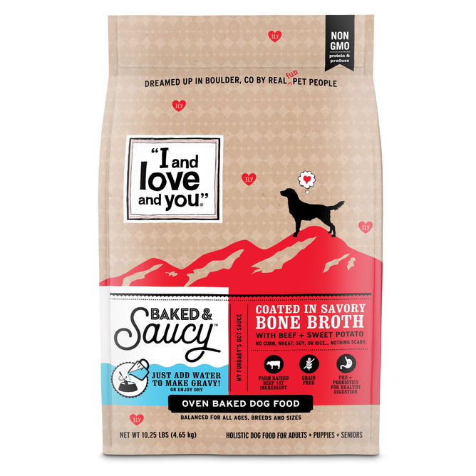 A package of I and Love and You Baked & Saucy Dog Food - Beef Recipe. Features a dog silhouette on a red mountain backdrop. Its non-GMO and offers grain-free nutrition with beef, sweet potato, and USA farm-raised chicken bone broth for all ages, breeds, and sizes.