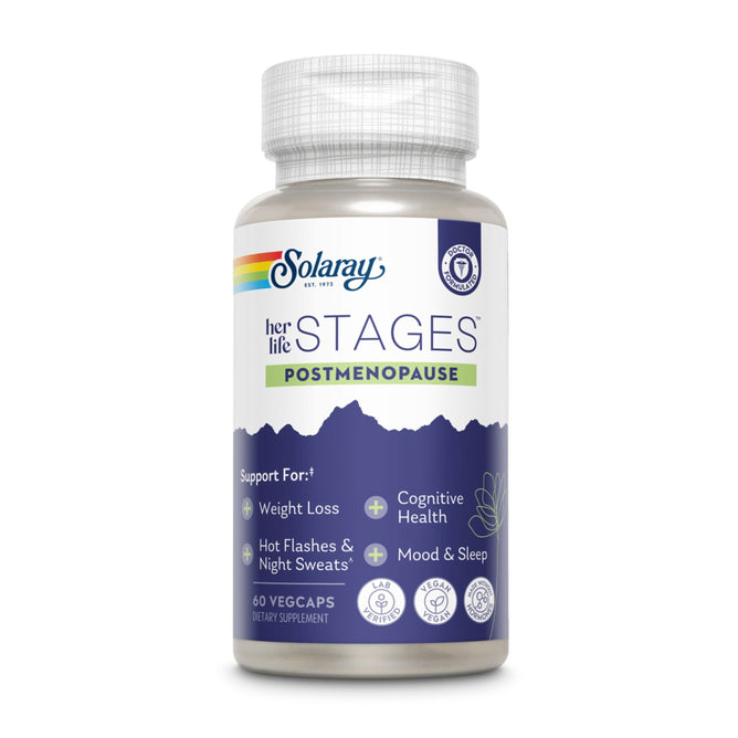 A bottle of Solaray her life Stages™ Postmenopause Veg Capsule provides relief from hot flashes and menopause symptoms such as night sweats and weight loss, while supporting cognitive health, mood, and sleep. It contains 60 capsules.