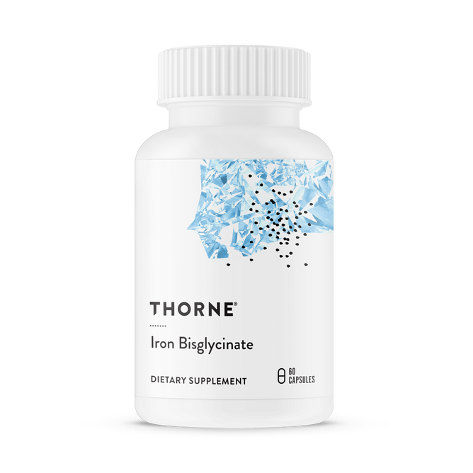The Thorne Iron Bisglycinate dietary supplement, in a white bottle with a blue and black abstract label, is specially formulated to support healthy red blood cells. It contains 60 capsules to help combat iron deficiency.