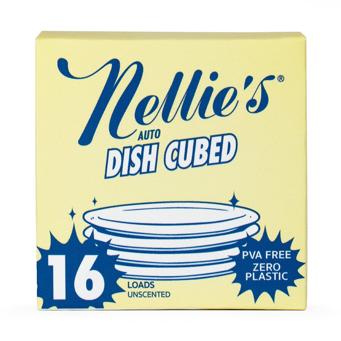 Nellies Auto Dish Cubed detergent in a yellow box offers a natural clean with features like 16 loads, unscented, PVA-free, and zero plastic. An illustration of plates in the center highlights its green cleaning benefits.