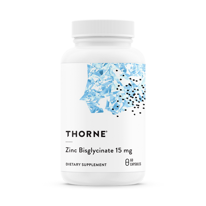 A white bottle labeled Zinc Bisglycinate 15mg by Thorne features a blue abstract design with black dots. It holds 60 capsules of zinc supplement, promoting immune function and overall well-being.