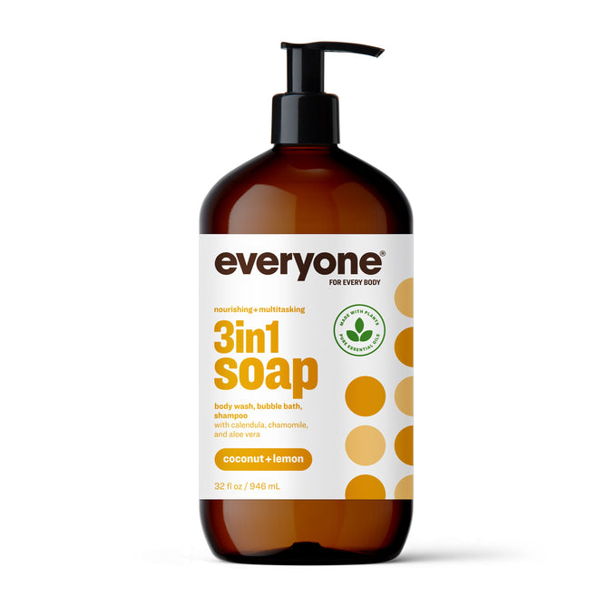 Everyones 3in1 Soap, Shampoo, & Bubble Bath comes in a brown bottle with a black pump and a white label featuring orange text. Its infused with coconut and lemon essential oils for use as body wash, shampoo, and bubble bath. The packaging includes circle designs and a green certification logo.