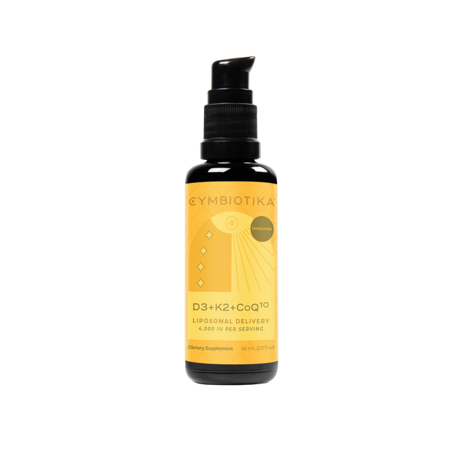 A sleek black pump bottle labeled Vitamin D3 + K2 + CoQ10 by Cymbiotika stands against a white backdrop. Its vibrant orange label features geometric designs, emphasizing Liposomal Delivery and 4,000 IU per Serving. Packed with Vitamin D3 and K2 benefits, it holds 60 ml (2.0 fl oz).