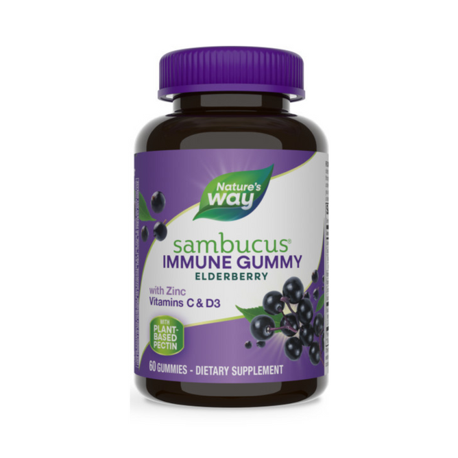 A bottle of Natures Way Sambucus Elderberry Gummy is shown with a purple and white label featuring elderberries. This immune support supplement offers zinc, vitamins C and D3, and includes 60 gummies enriched with elderberry extract.