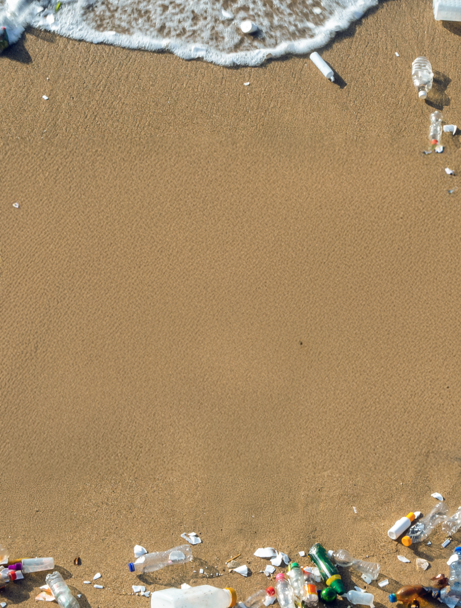 A beach littered with plastic bottles