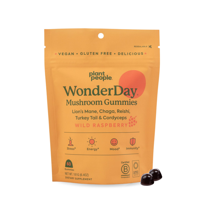 WonderDay - Super Mushroom Gummies by Plant People come in a yellow bag and are vegan and gluten-free. They offer wild raspberry flavors like Lions Mane and Chaga, promoting stress relief, energy, mood enhancement, and immune support.