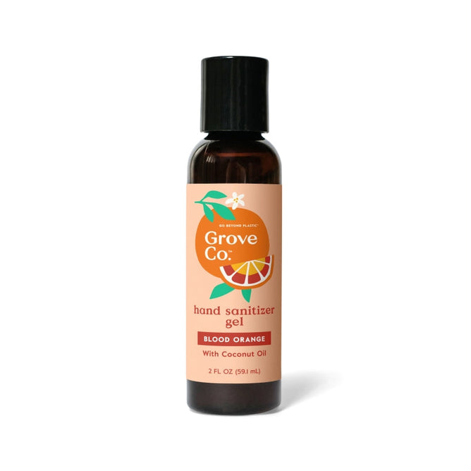 A 2 fl oz Grove Co. Hand Sanitizer Gel in Blood Orange scent, non-drying with coconut oil. Features an orange label with orange slices and a black cap. Kills 99.9% of germs for clean hands anywhere.