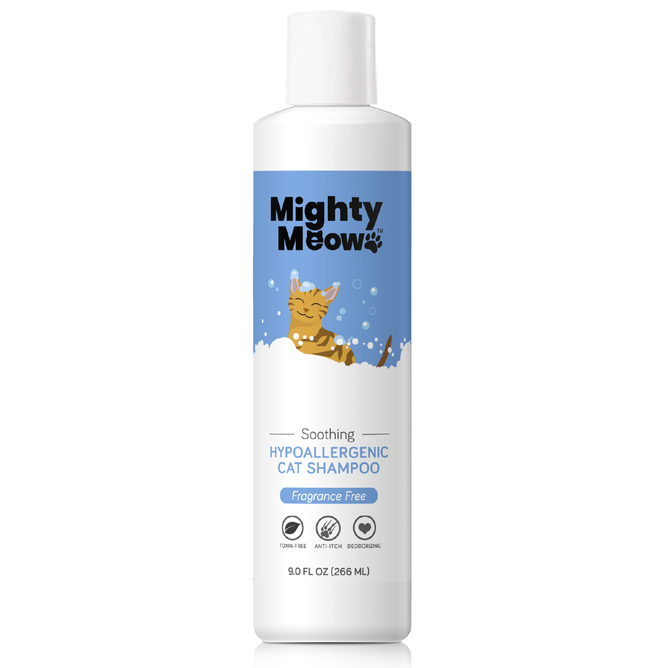 Mighty Meow Hypoallergenic Cat Shampoo, in a 9.0 fl oz (266 ml) bottle, showcases a cartoon cat in a bubble bath. Its tear-free, fragrance-free, and pH balanced for soothing care while controlling dandruff and deodorizing.