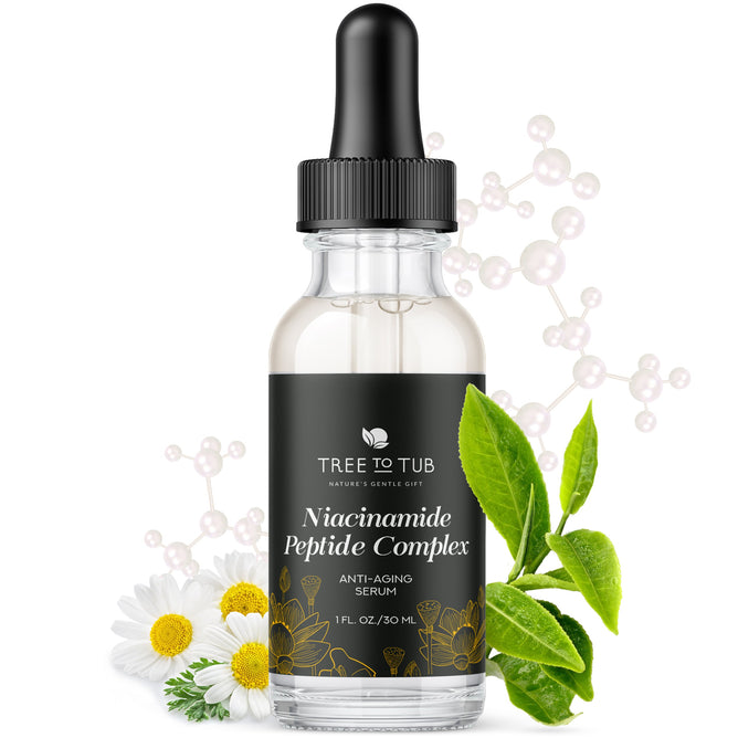 A 30ml bottle of Tree To Tubs Anti-Aging Peptide & Niacinamide Serum features a black label and dropper. Its surrounded by white daisies and green tea leaves amid molecular structures, highlighting this ultimate anti-aging serum.
