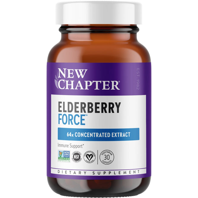 A brown bottle labeled Elderberry Force™ by New Chapter features a purple and white design. It contains 30 capsules with 64x concentrated elderberry extract for immune support and antioxidants, certified Non-GMO, NSF, and vegan.