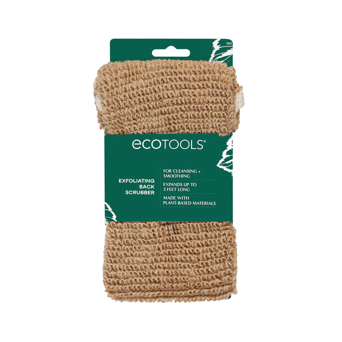 The EcoTools Exfoliating Back Scrubber, made from plant-based materials, stretches to three feet and has a textured light brown design. Its packaged in eco-friendly materials and designed for effective back exfoliation, cleansing, and smoothing.