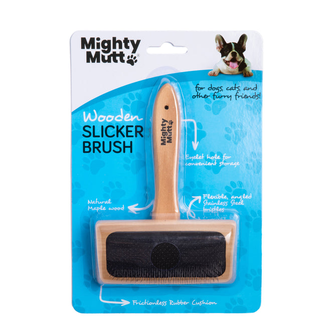 The Bamboo Grooming Brush for Pets - Slicker Brush by Mighty Mutt features eco-friendly packaging, a wooden handle, fine bristles, and benefits like easy storage and a frictionless rubber cushion. A playful cartoon dog decorates the corner.