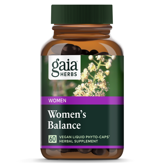 A brown Gaia Herbs Womens Balance - For Menopause Support bottle, featuring a white flower graphic, offers hormone balance relief. It contains 60 vegan liquid phyto-caps sealed with a dark green cap.