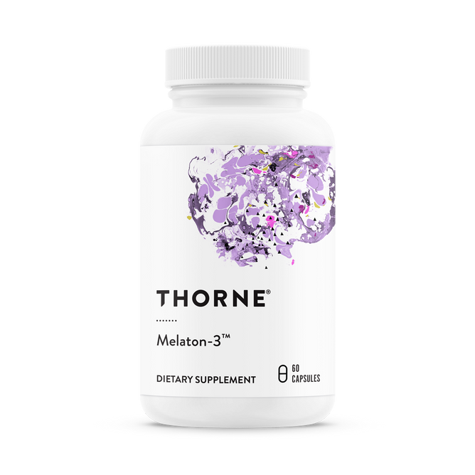 Thorne Melaton-3 dietary supplement, featuring a white label with abstract purple and gray artwork, contains 60 capsules designed to support restful sleep and regulate circadian rhythms.