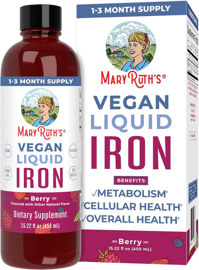 The image displays a bottle and box of MaryRuths Liquid Iron, a berry-flavored vegan liquid supplement providing a 1-month supply. It emphasizes benefits such as enhanced metabolism, cellular health, and overall well-being, making it vital for those prioritizing health and wellness.