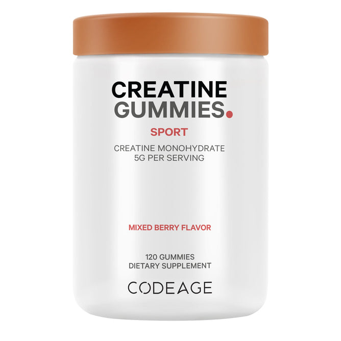 The Creatine Gummies by Codeage comes in a white container with a copper lid and includes 120 gummies that contain AstraGin for better absorption. Each mixed berry flavored serving provides 5g of creatine monohydrate.