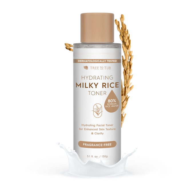 The Tree To Tub Hydrating Milky Rice Toner for Dry & Dehydrated Skin features niacinamide and 80% rice bran water to enhance skin texture and clarity. It is fragrance-free, dermatologically tested, and comes in a 5.1 fl. oz / 150g bottle.