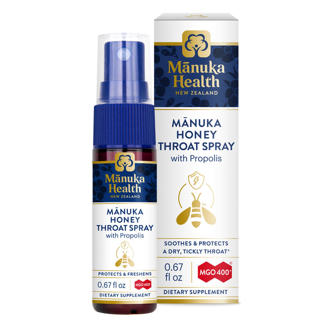 A 0.67 fl oz bottle and box of Manuka Healths Manuka Honey and Propolis Throat Spray, featuring MGO 400+ for enhanced effectiveness, highlights soothing and protective properties for immune support.