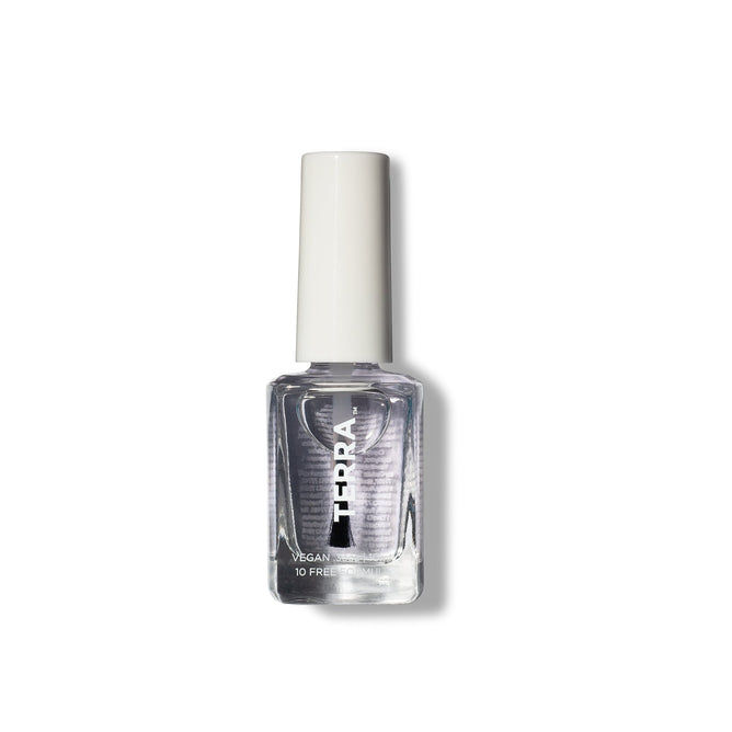 The 2 in 1 Top and Base Coat nail polish bottle, labeled Terra Beauty Bars, features a white cap and highlights its vegan and 10-free formula. The words vegan and 10-free are prominent as it stands upright against a white background with a subtle shadow.