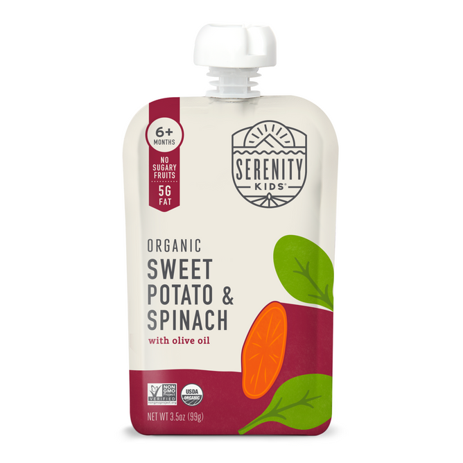A pouch of Serenity Kids Organic Sweet Potato & Spinach with Organic Olive Oil showcases low sugar baby food, providing 5g fat and is ideal for ages 6+ months. It features USDA Certified Organic and Non-GMO Project Verified logos for trusted quality.