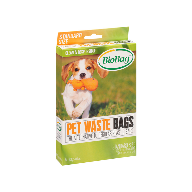 A box of BioBag Pet Waste Bags features a joyful dog with a toy, highlighting Standard Size and Clean & Responsible, The Alternative to Regular Plastic Bags. The package contains 50 eco-friendly bags.