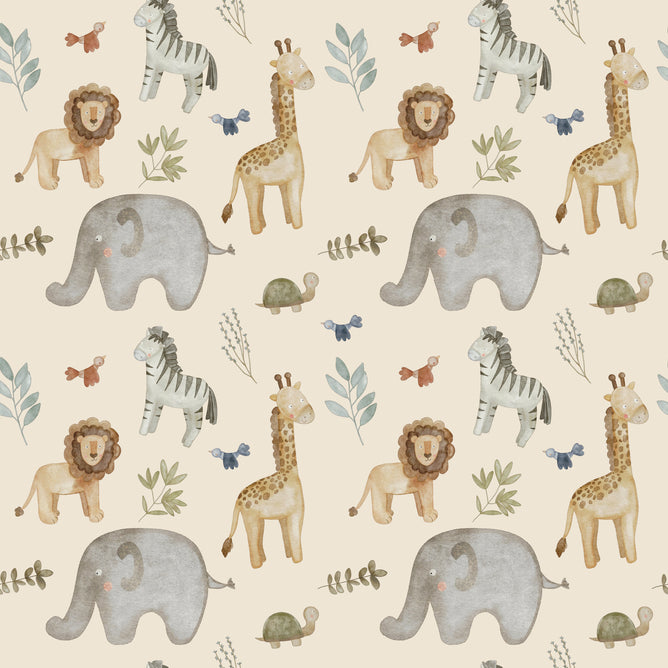The Dissolvable Gift Wrap by Waterleaf Paper Company showcases a seamless pattern of watercolor-style lions, giraffes, elephants, zebras, birds, and turtles with leaves and branches on an eco-manufactured paper using water-based ink against a light background.