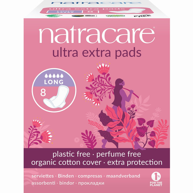 Natracare Ultra Extra Long Period Pads are perfect for heavy menstrual flow. The packaging features pink floral and female silhouettes, and they offer plastic-free pads with an organic cotton cover for extra protection. Comes in a box of 8.