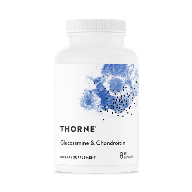 The white Thorne Glucosamine & Chondroitin bottle, adorned with blue abstract floral patterns, contains 90 capsules designed to support joint health and improve mobility and flexibility.