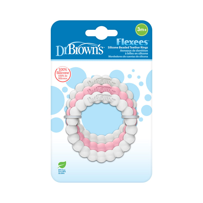 Dr. Browns packaging for the Fleexees Easy to Hold 100% Silicone Beaded Teether Rings displays the pink and white beaded teether, suitable for ages 3 months and up, emphasizing its BPA-free, pure silicone composition.