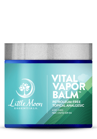 Little Moon Essentials Vital Vapor Balm is infused with eucalyptus, acts as a topical analgesic, and is petroleum-free. Its turquoise label displays white and silver text along with a tree logo.
