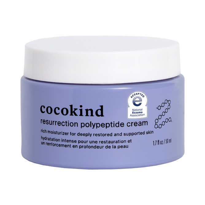 The Cocokind Resurrection Polypeptide Cream in a 1.7 fl oz/50 ml light purple jar provides deep hydration, targets fine lines and wrinkles, and features bilingual labeling with a certification logo.