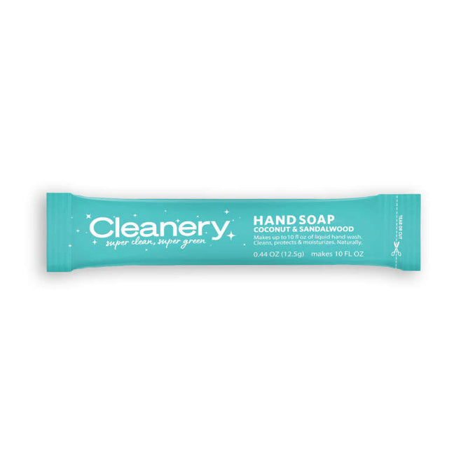 The Cleanery Hand Soap Refill in coconut and sandalwood scent is ideal for sensitive skin. This turquoise packet weighs 0.44 oz, makes 10 fl oz, features star icons, and offers a super clean, super green eco-friendly refill for gentle cleansing.