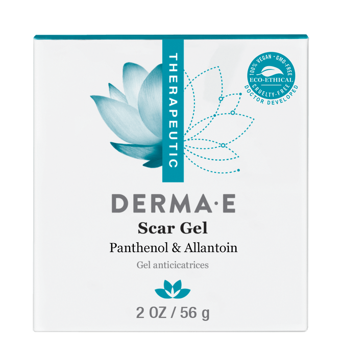 A white box of Derma E Scar Gel with a teal flower design contains 2 oz (56g) and includes Panthenol, Allantoin, and botanical extracts. Its eco-ethical, vegan, cruelty-free, oil-free, doctor developed for effective scar treatment.