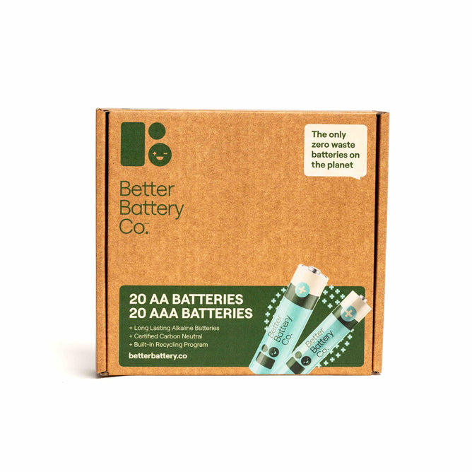 The Better Battery Co. Battery Combo Kits cardboard packaging features graphics and text that announce 20 AA Batteries, 20 AAA Batteries. The eco-friendly design emphasizes Zero Waste and carbon-neutral benefits, along with a built-in recycling program.