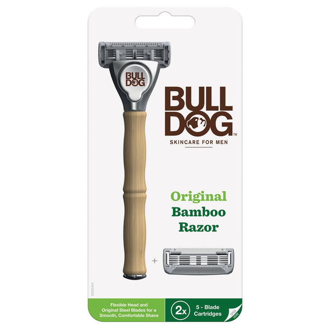 Bulldogs Original Razor with 2 Steel Blade Refills features a sleek bamboo handle, a five-blade cartridge, and a flexible head for a comfortable shave with stainless steel blades.