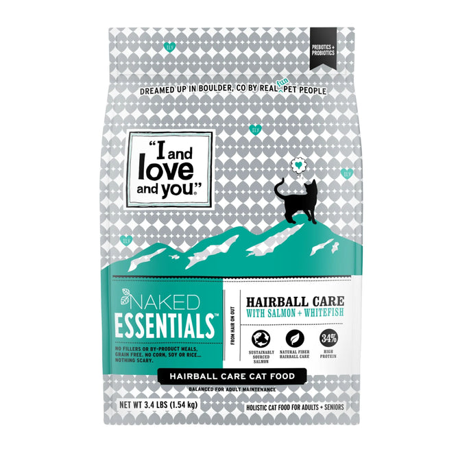 I and Love and You Naked Essentials Hairball Care Cat Food features a heart-and-cat pattern. This 3.4 lbs (1.54 kg) holistic, grain-free blend with salmon and whitefish is ideal for adult and senior cats, packaged in recyclable packaging.