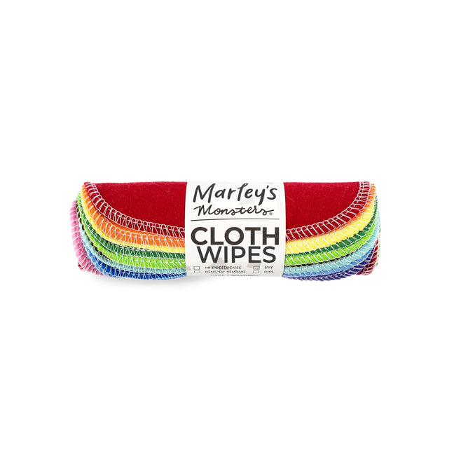 Marleys Monsters Cloth Wipes are handmade from soft cotton flannel with stitched edges. The colorful rolls feature red, orange, yellow, green, blue, and purple hues and come in packaging with a white label reading Cloth Wipes.